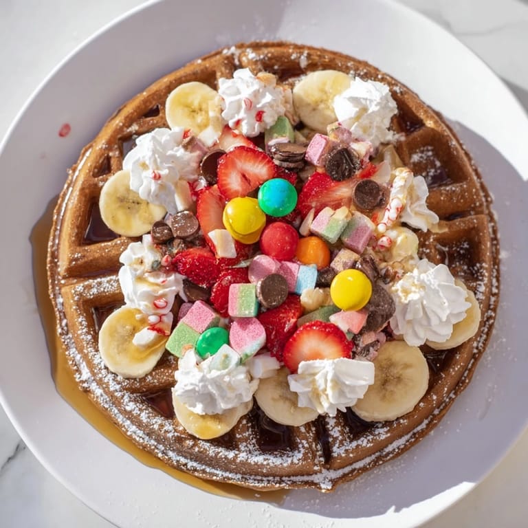 A close-up of a gingerbread house waffle bar: gingerbread waffles with vibrant, colorful toppings galore.