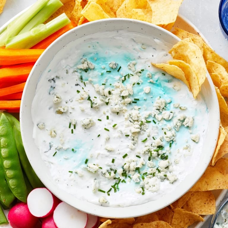 This beautiful Frozen Pond Blue Dip Platter features a creamy blue dip paired with crispy chips and fresh vegetables.