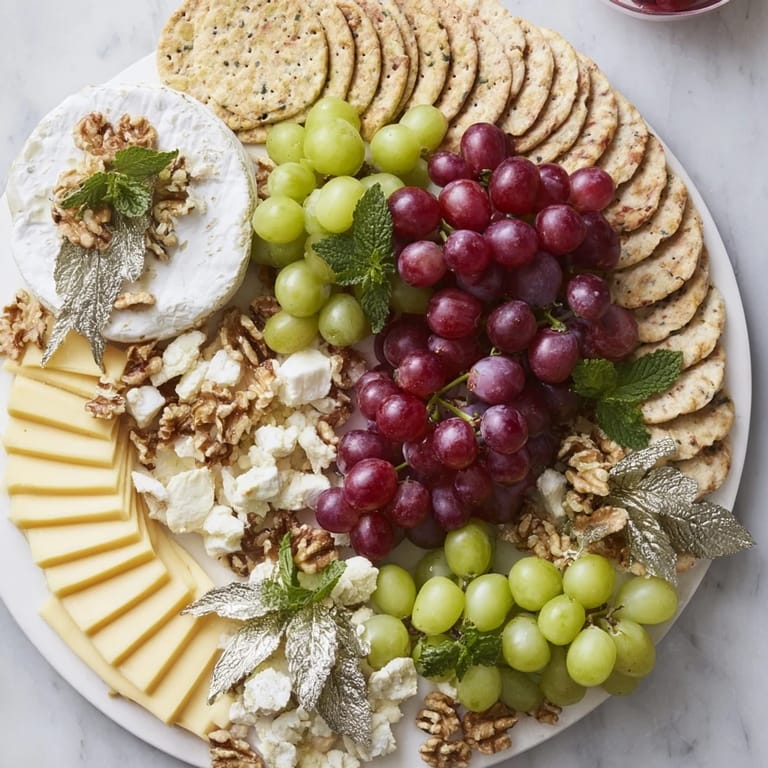 Luscious grapes and creamy cheeses adorn this elegant Sparkling Grape and Silver Cracker Platter ready for serving.