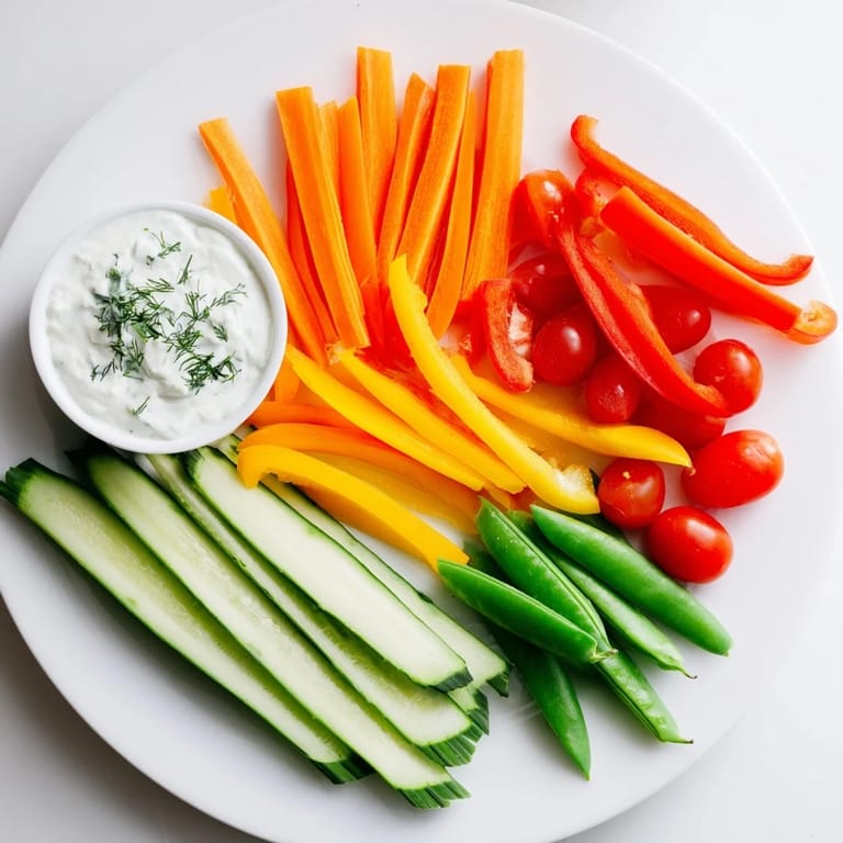 A beautiful fan-shaped Veggie Platter appetizer, featuring a creamy yogurt dip and colorful veggies.