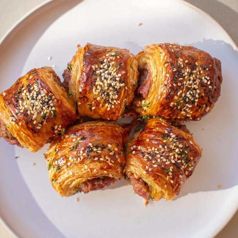 Close-up of baked Savory Bites Mini Sausage Rolls— flaky pastry, savory sausage, ready to eat warm.