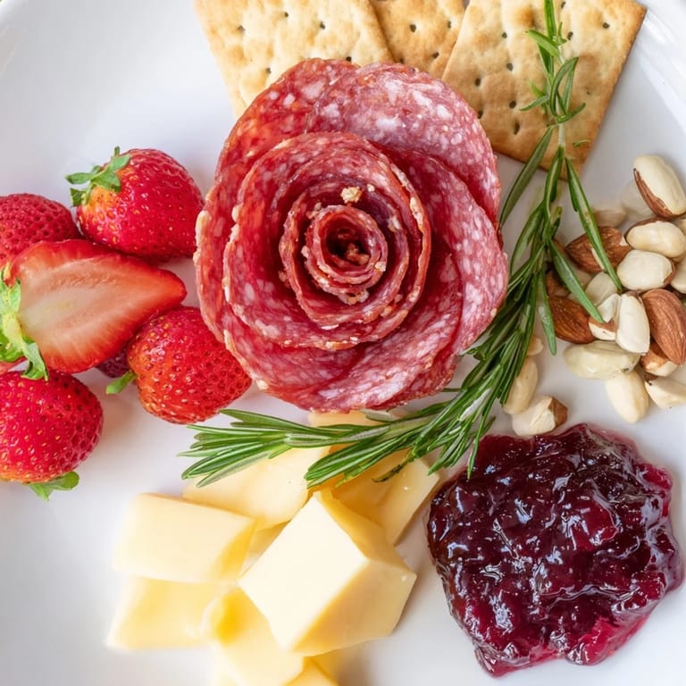 Artfully arranged Easy Charcuterie features a salami rose, offering a delightful blend of textures.