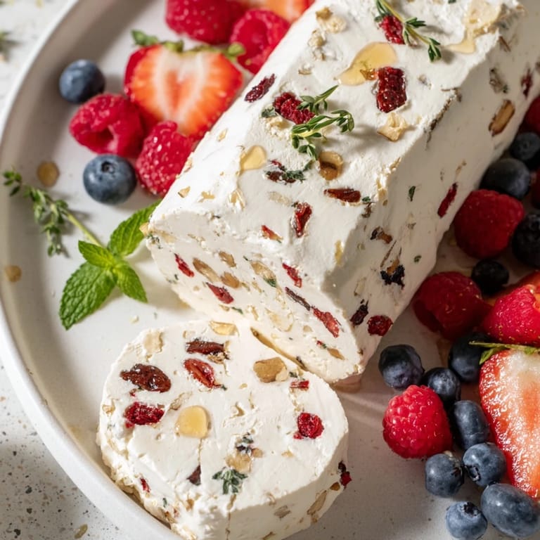 Delicious cranberry & goat cheese log, garnished with fresh, juicy berries for a perfect party snack.