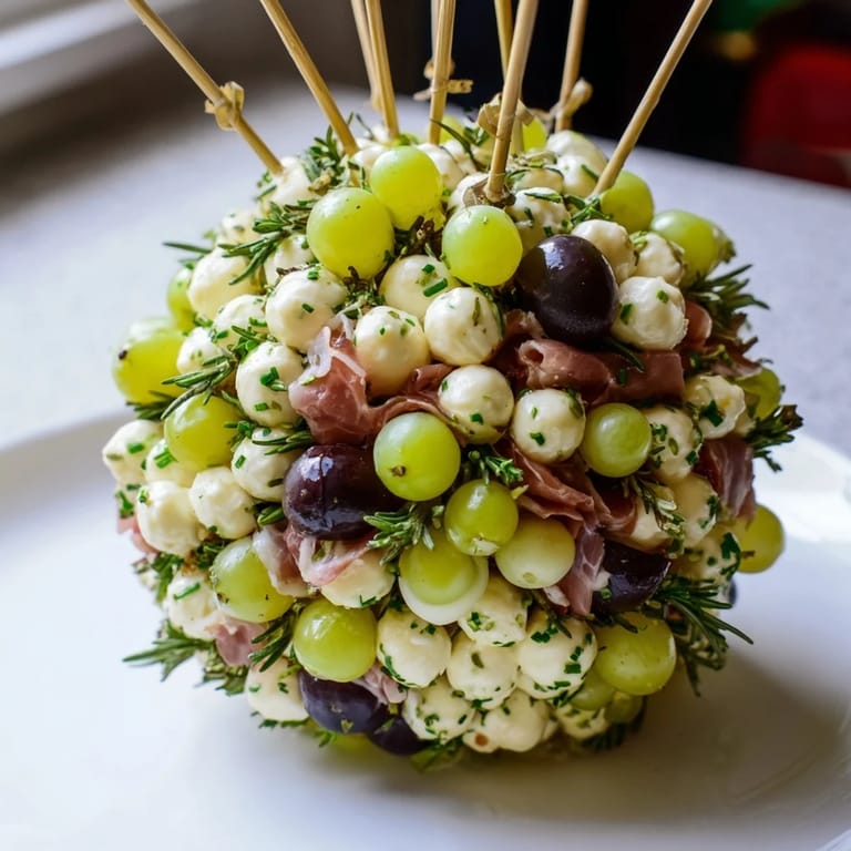 A beautiful Mistletoe Kissing Ball, a creative appetizer centerpiece full of fresh, flavorful ingredients.