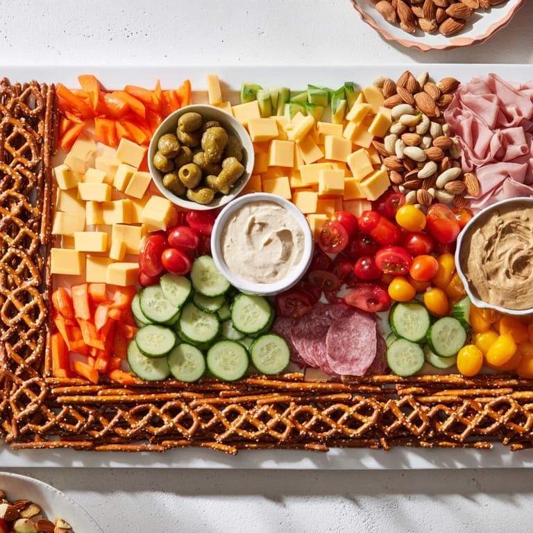 A visually appealing Urban Grid snack platter, filled with pretzel roads and tasty cubes of cheese.