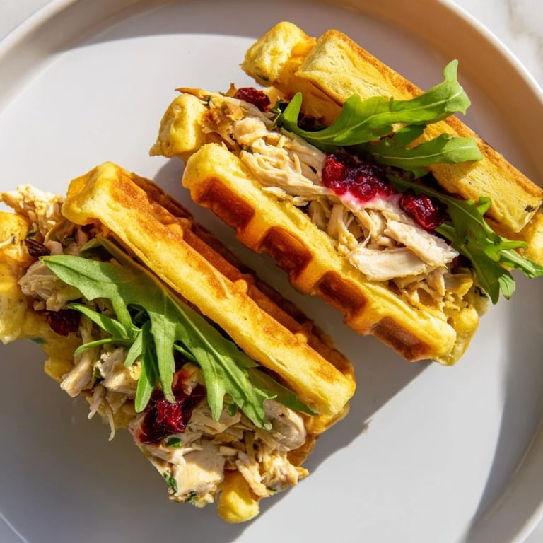 A stack of savory Stuffing Waffle Chicken Sliders showcases tender chicken bursting between crispy stuffing waffles.