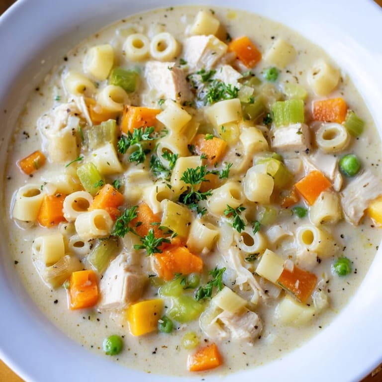 Enjoy a warm bowl of Chicken Pot Pie Pasta Soup, packed with tender chicken, creamy, and delicious.