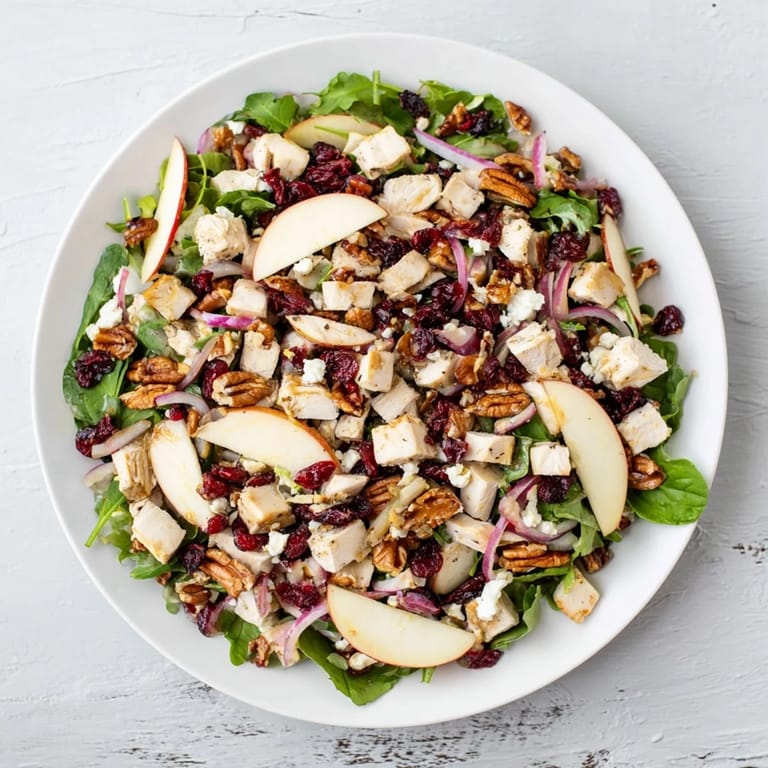 This Chicken and Apple Winter Salad shows crisp apple slices and shredded chicken tossed in a tangy dressing.