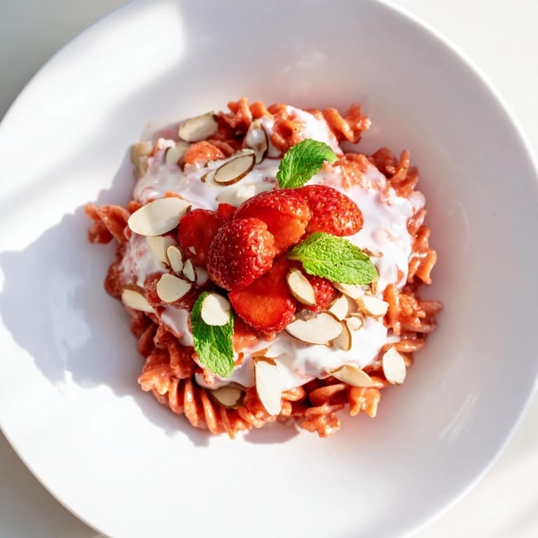 Cool, creamy Sweet Strawberry Yogurt Pasta with juicy strawberries and a drizzle of yogurt – a summer treat.