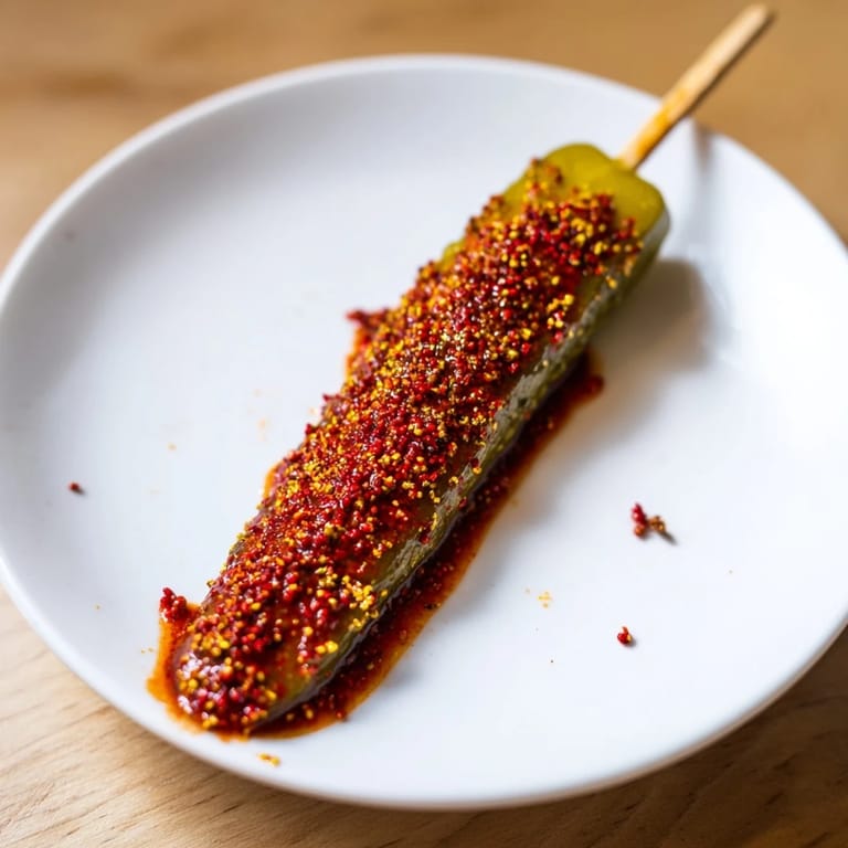 Close-up of a refreshing snack: Chamoy-Tajín pickle sticks with a perfect balance of sweet and heat.