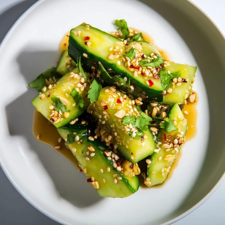 This delicious Chinese Spicy Smashed Cucumber Salad is tossed with vibrant scallions and a fiery chili-garlic dressing.