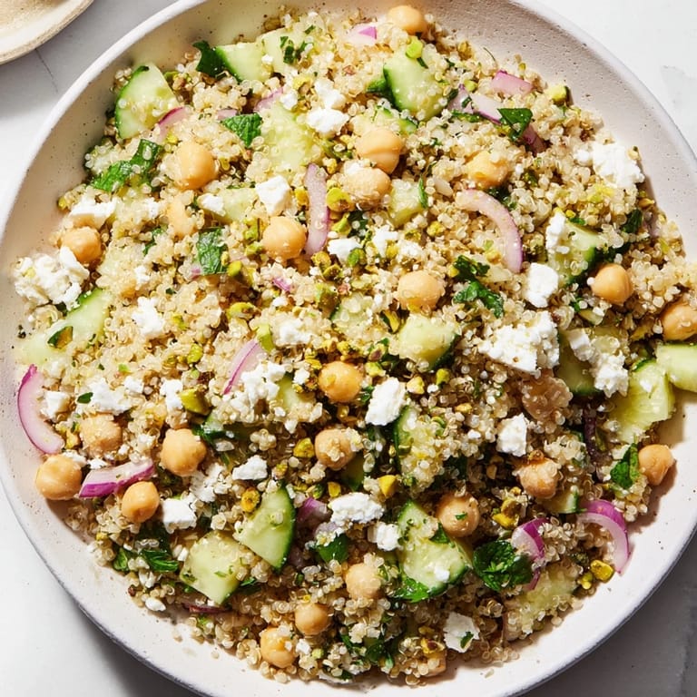 Close-up shot shows a colorful Jennifer Aniston Salad, full of crunchy vegetables.