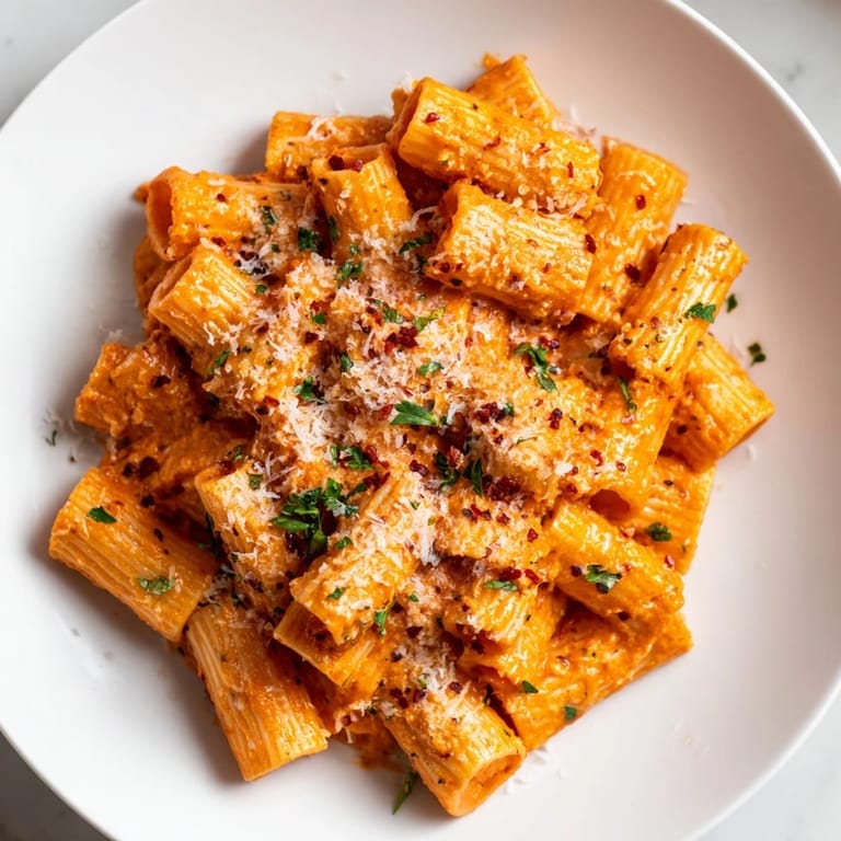 Tender rigatoni in a rich sauce, Gigi Hadid-Style Spicy Rigatoni with parmesan, a restaurant-quality meal.