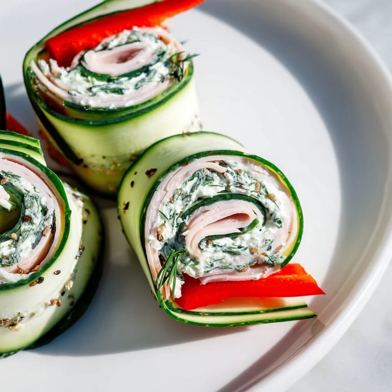 These vibrant Cucumber Roll-Ups offer a refreshing low-carb bite with visible creamy fillings and garnishes.