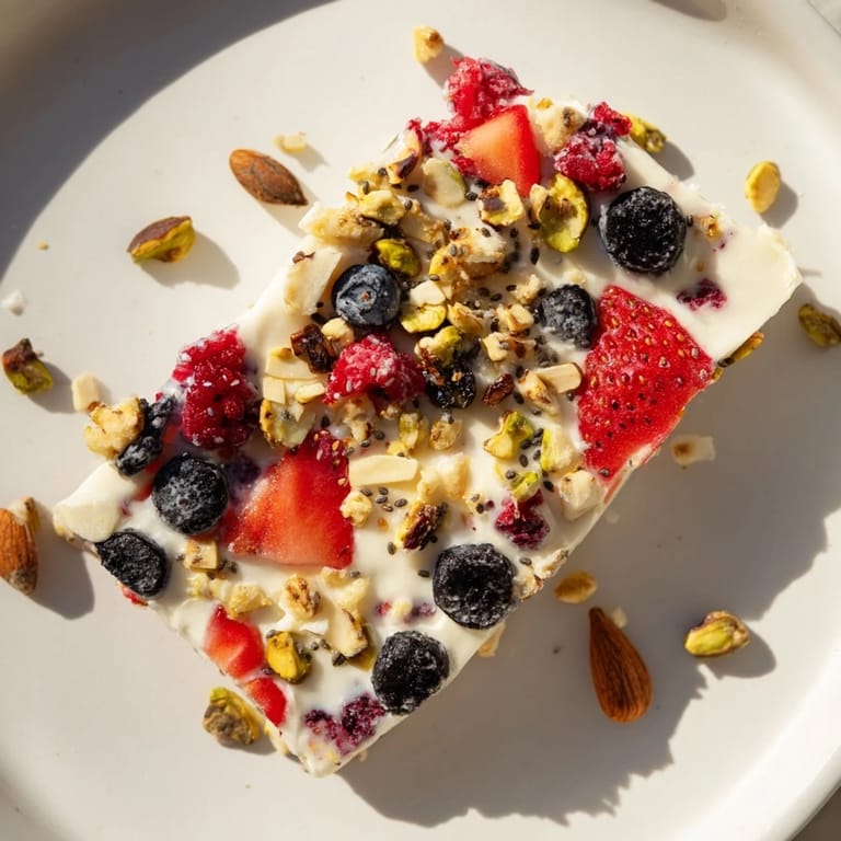 Close-up of a refreshing frozen fruit yogurt bark with a medley of fresh berries scattered on top.