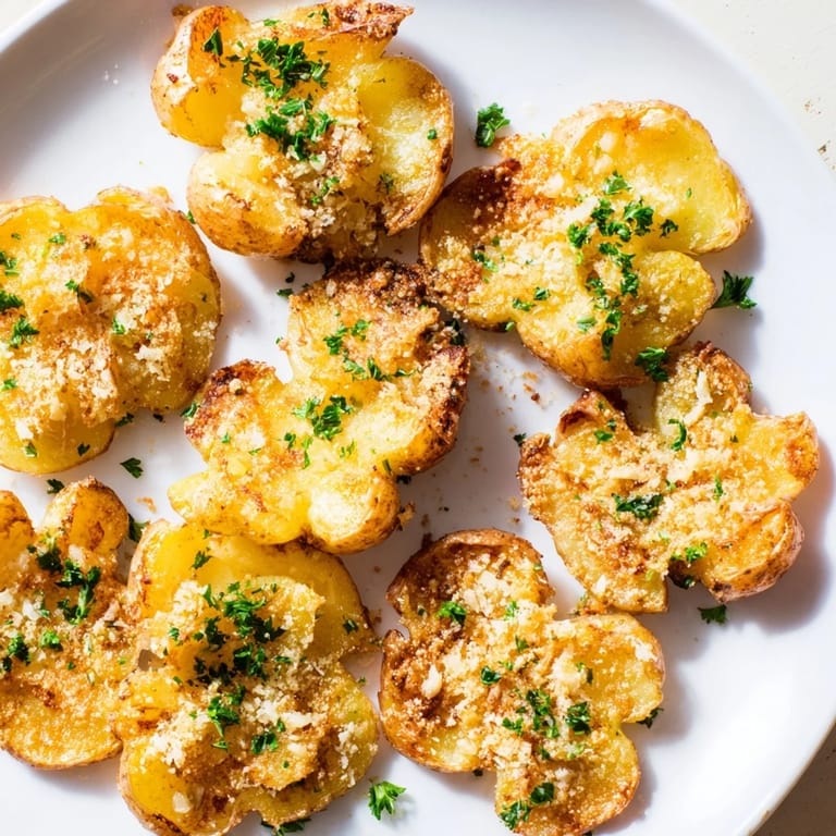Sizzling Garlic Parmesan Potatoes, a delicious side dish with a rich, cheesy, garlic flavor.