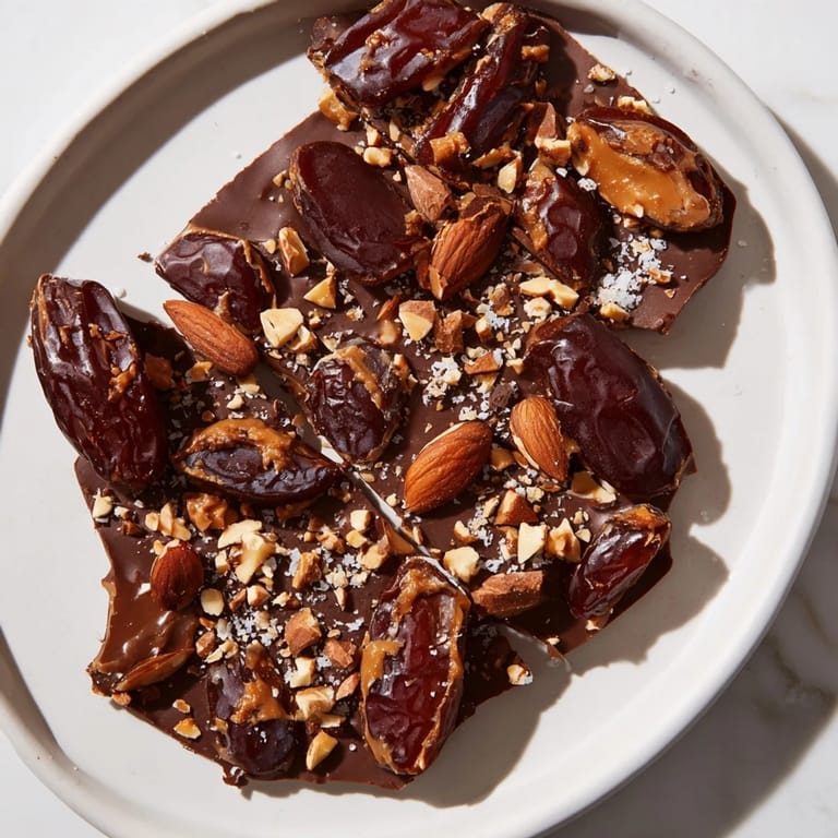 No-bake Date Bark Snickers-Style, a freezer-set treat featuring chocolate and crunchy peanuts.