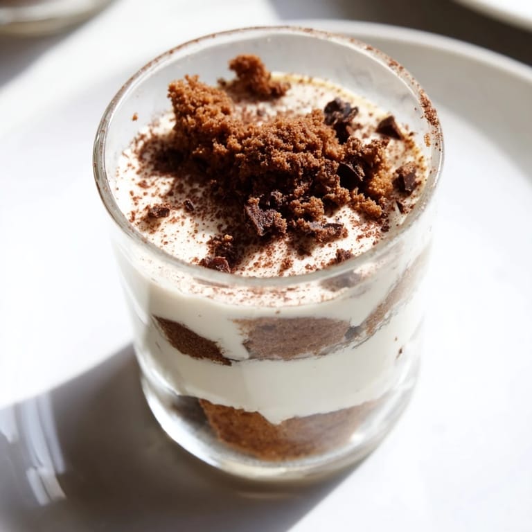 Elegant individual Deconstructed Tiramisu Shots: Espresso-soaked biscuits beneath mascarpone cream, ready to eat.