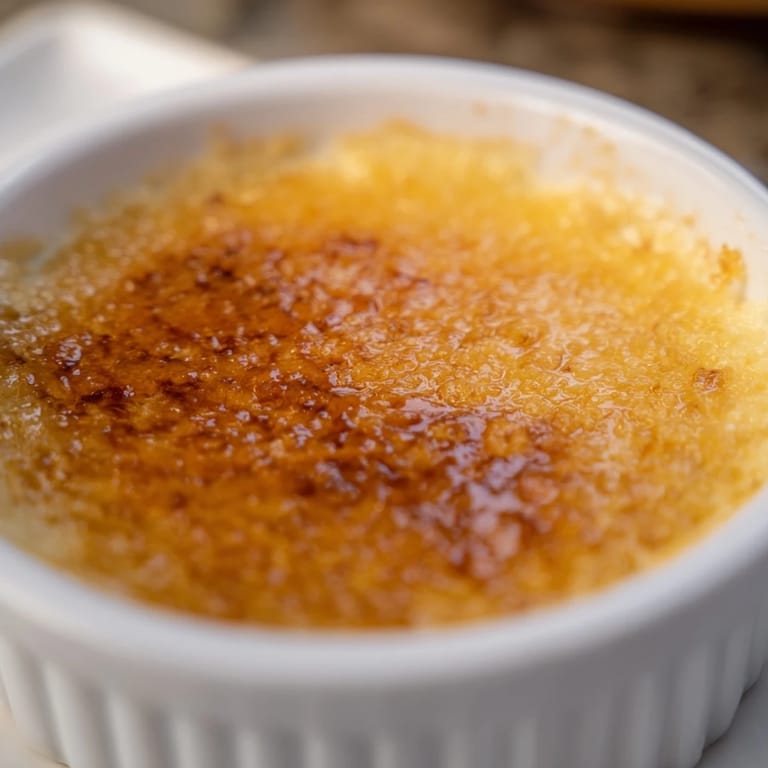 Perfect for dessert: a beautifully browned 3-Ingredient Crème Brûlée, served alongside fresh berries.