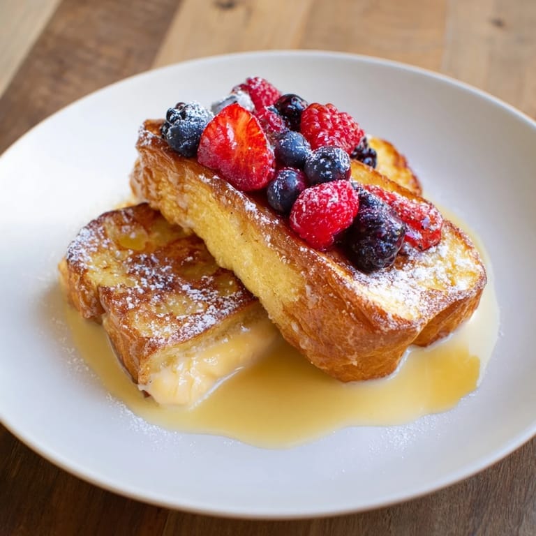 Melty vanilla ice cream transforms into a luscious Ice Cream French Toast, ready to enjoy with syrup.
