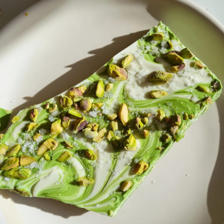 Close-up photo of the finished Pistachio Matcha White Chocolate bark, showing the beautiful textured details.
