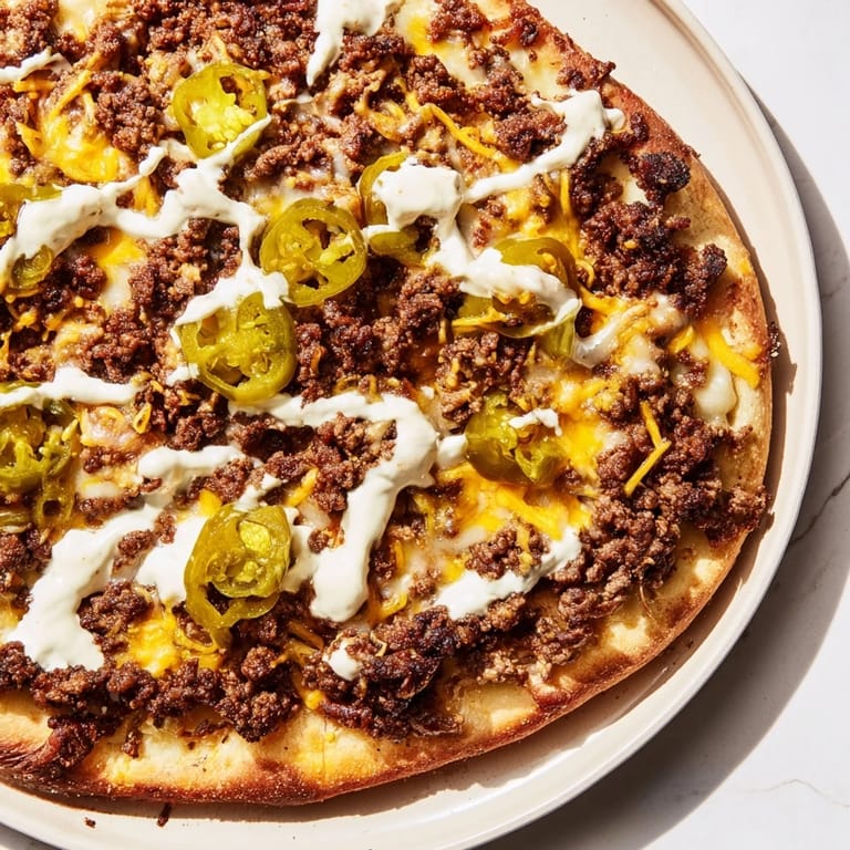 Golden crust topped with seasoned ground beef and melted cheese in this Taco Pizza recipe.