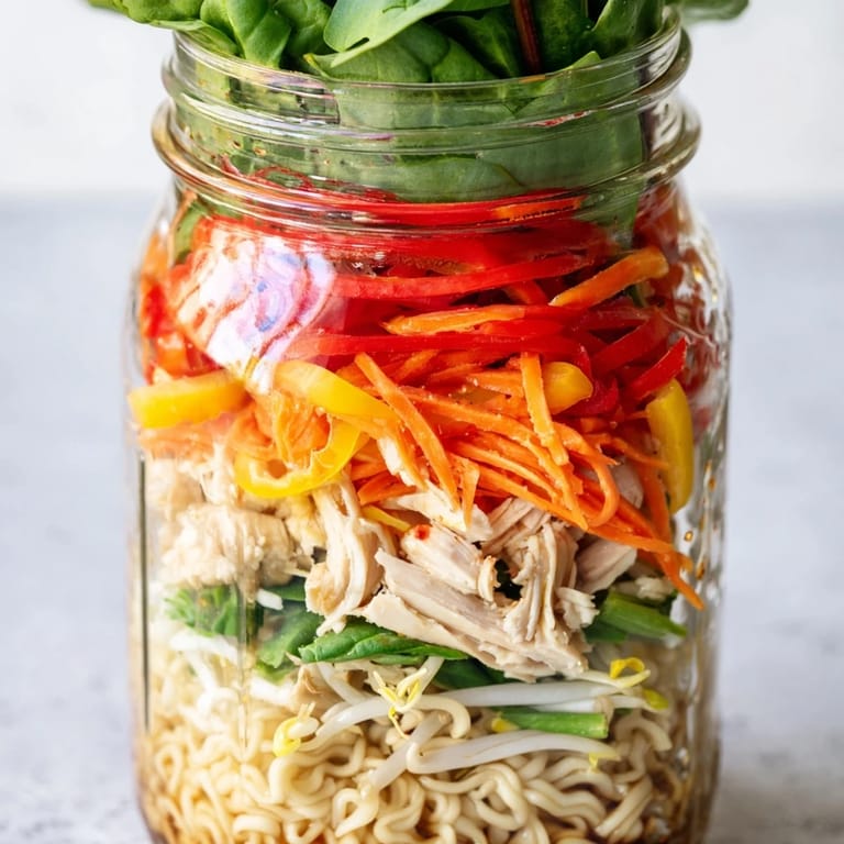 A close-up of mason jar noodle meal prep, perfect for a dairy-free and satisfying Asian fusion meal.