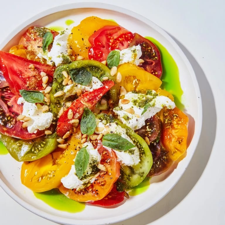 Beautifully arranged Heirloom Tomato Salad Board: a flavorful Mediterranean appetizer with fresh basil and crusty bread.