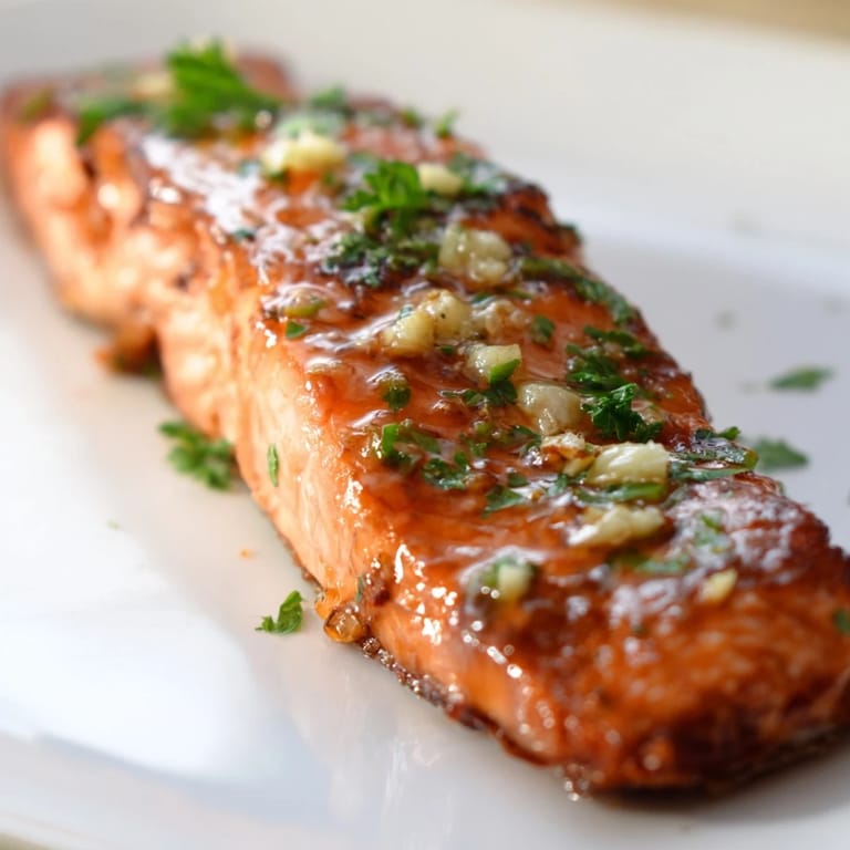 Caramelized salmon fillets brushed with honey garlic butter, resting on a baking tray ready to be enjoyed.