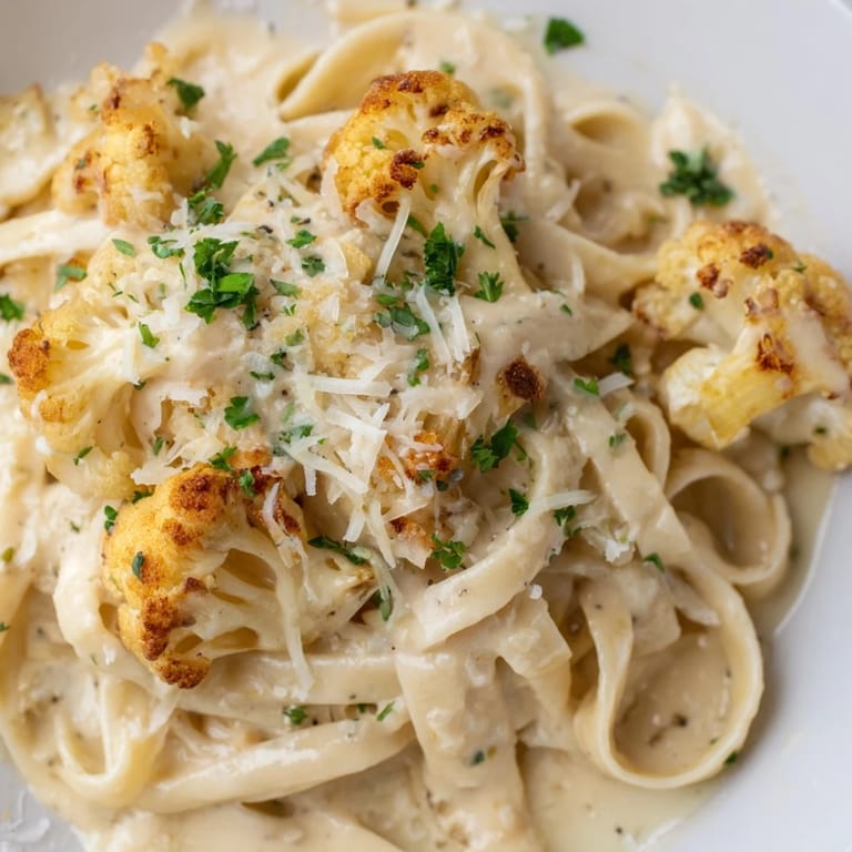 Steaming plate of Roasted Cauliflower Alfredo, a lighter Italian-inspired pasta dish with a velvety cauliflower-based sauce.