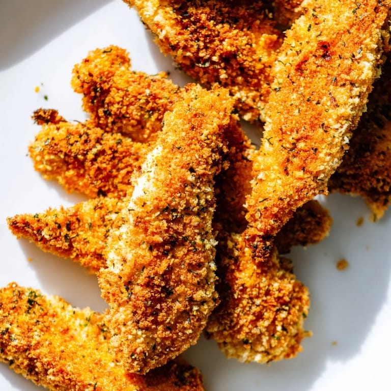 Golden, herbed Crispy Panko Chicken Strips plated with a creamy dip and a vibrant side salad.