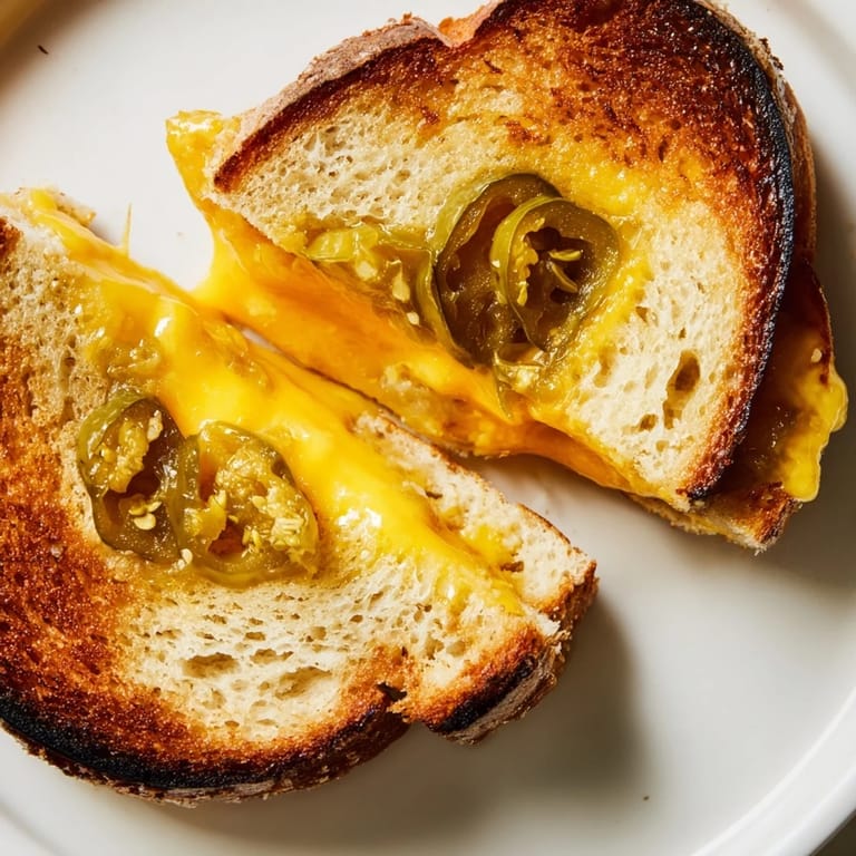 Close-up of a Cheddar Jalapeño Grilled Cheese, its gooey cheese melting between crisped, golden-brown bread slices.  