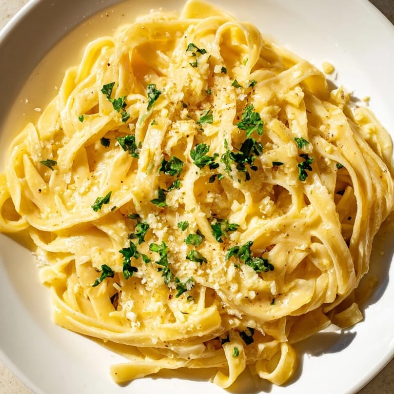 A close-up of Sriracha Honey Pasta, with steam rising from the creamy sauce clinging to fettuccine noodles.