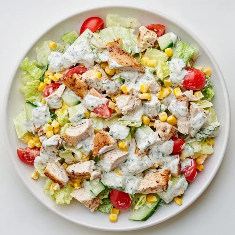 Freshly tossed Ranch Chicken Chopped Salad with vibrant red tomatoes, green cucumbers, and golden corn kernels, showcasing the creamy Greek yogurt ranch coating every ingredient.