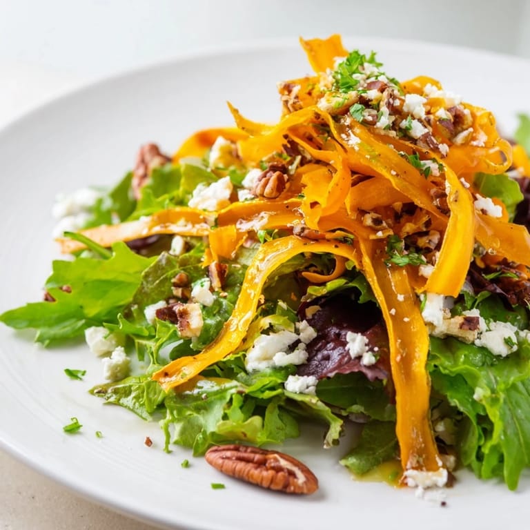 Roasted Carrot Ribbon Salad featuring glistening orange ribbons over mixed greens, garnished with red onion, feta, and a drizzle of tangy dressing.