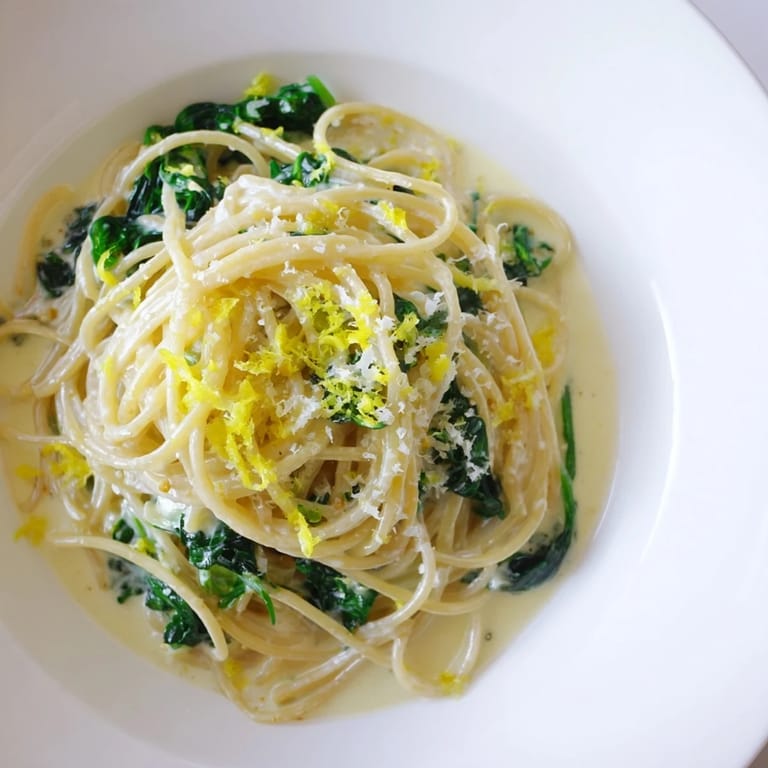 A close-up of Creamy Lemon Spinach Spaghetti served in a white bowl, garnished with extra lemon zest and grated Parmesan cheese.  