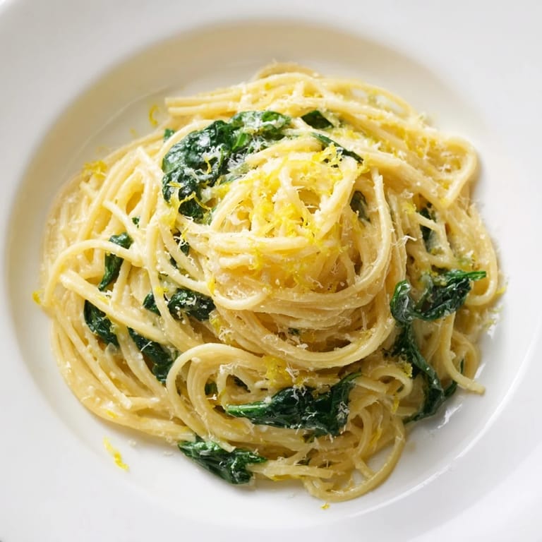 Steaming bowl of Creamy Lemon Spinach Spaghetti featuring tender thin spaghetti tossed with spinach in a luscious, bright lemon cream sauce.