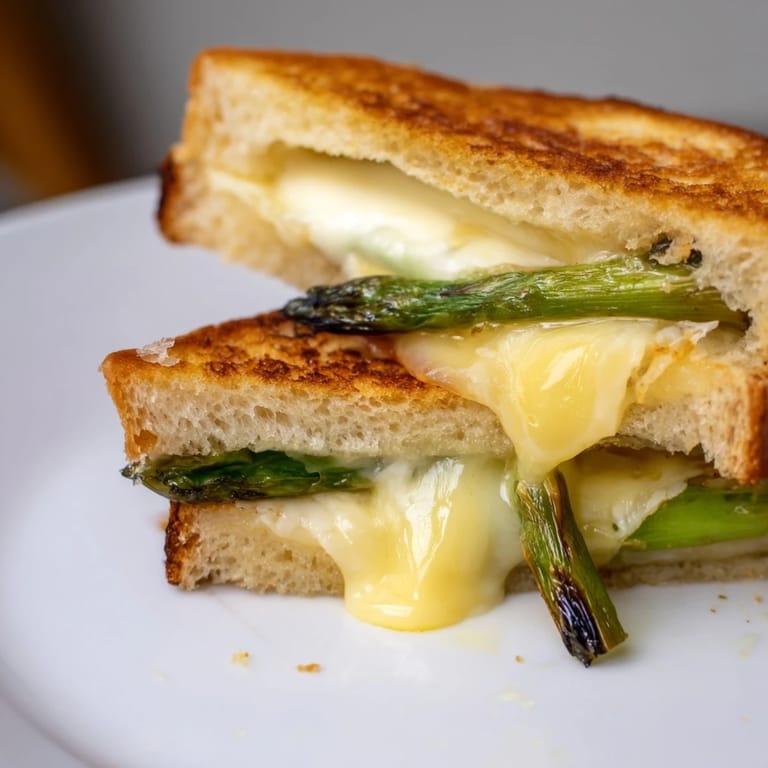 Buttery toasted Asparagus & Brie Grilled Cheese stacked high on a plate, ready for lunch with salad.