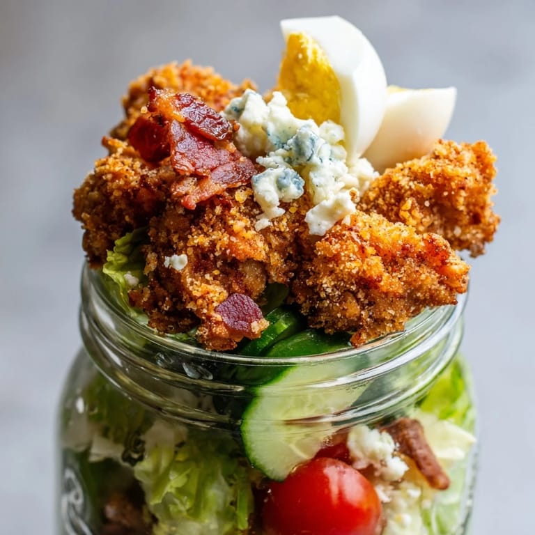 Enjoy a Crispy Chicken Cobb Jar Salad with vibrant veggies, tangy blue cheese, and juicy chicken bites ready for on-the-go meals.