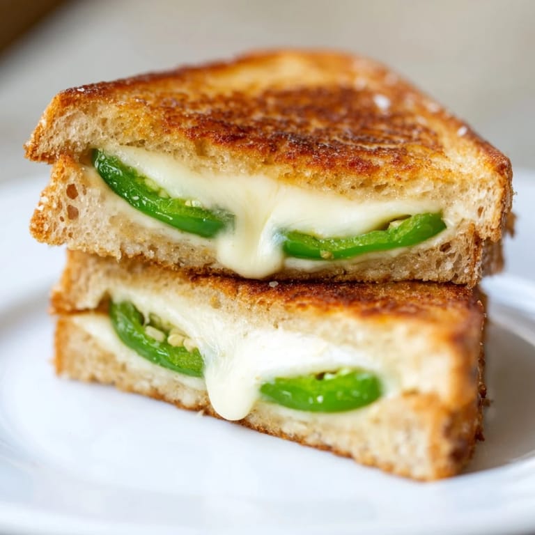 Melty Jalapeño Havarti Grilled Cheese served hot on a wooden board with tomato soup.