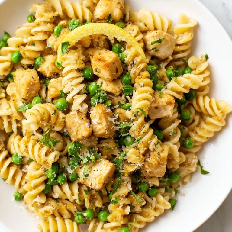 Family-style serving of Garlic Butter Chicken & Pea Pasta garnished with fresh parsley and lemon zest, ready to be enjoyed.