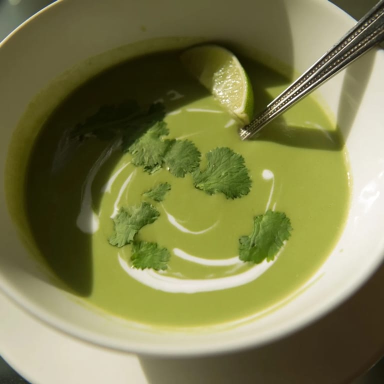 Creamy Spinach Coriander Lemongrass Soup served hot in a rustic ceramic bowl with a spoon.