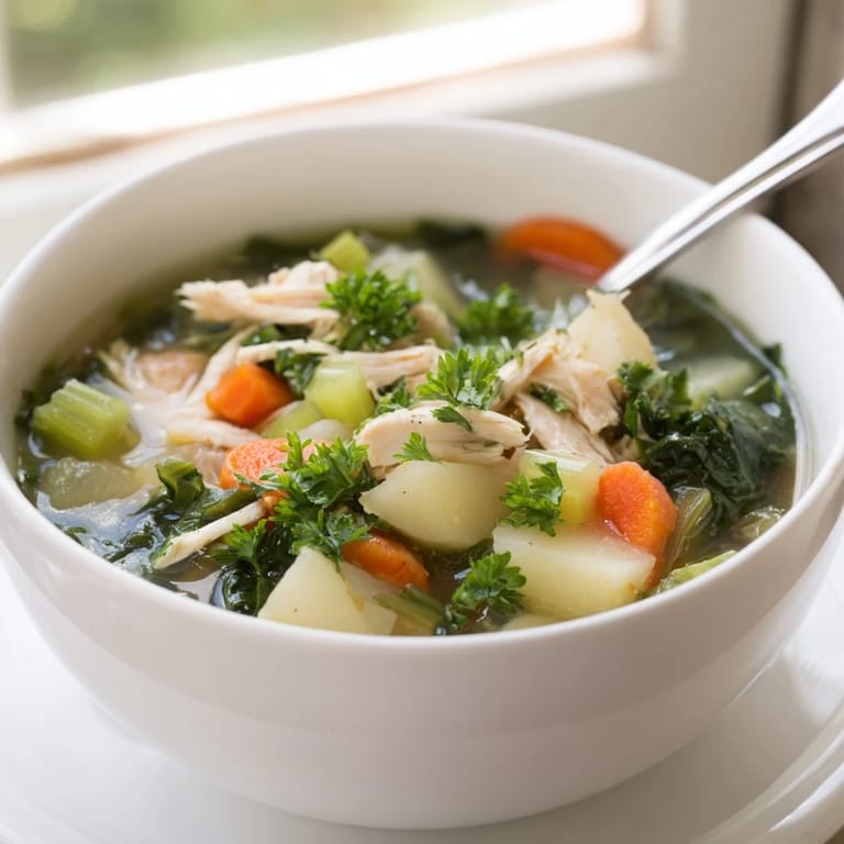 Rustic Collard Greens, Chicken and Vegetable Soup simmered in a pot, with carrots, celery, and fresh parsley garnish for a wholesome dinner.