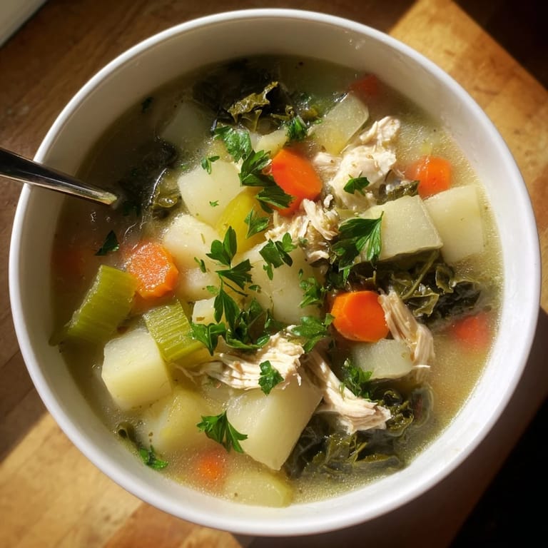 Close-up of Collard Greens, Chicken and Vegetable Soup showing creamy potatoes, vibrant collard leaves, and shredded chicken in a ladle, ready to serve.