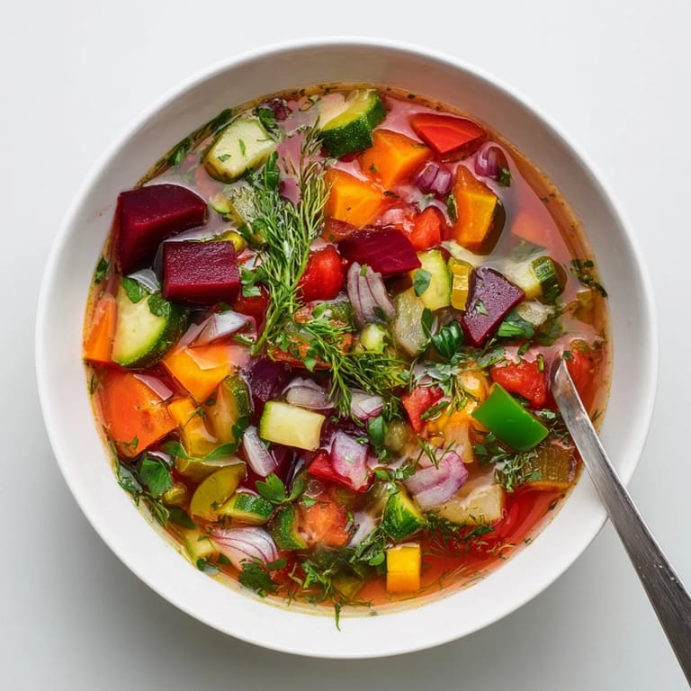 An overhead shot of nourishing Rainbow Vegetable Detox Soup, with bright red, orange, and green vegetables filling a rustic ceramic bowl.