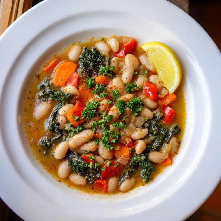 Hearty Mediterranean White Bean Stew ladled into a rustic bowl, garnished with fresh parsley and lemon wedges, ready to be served with crusty bread on the side.