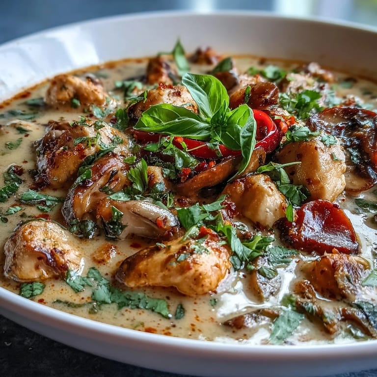 Delicious Thai Chicken Coconut Curry Soup, brimming with tender chicken and bright vegetables.