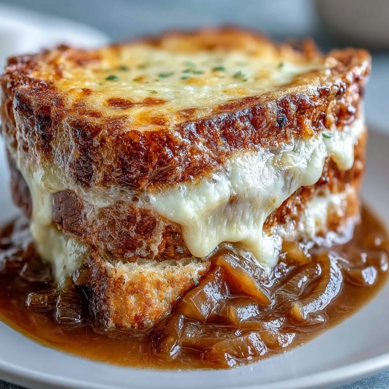 Golden-brown French Onion Soup, topped with crusty bread, ready to be broiled.