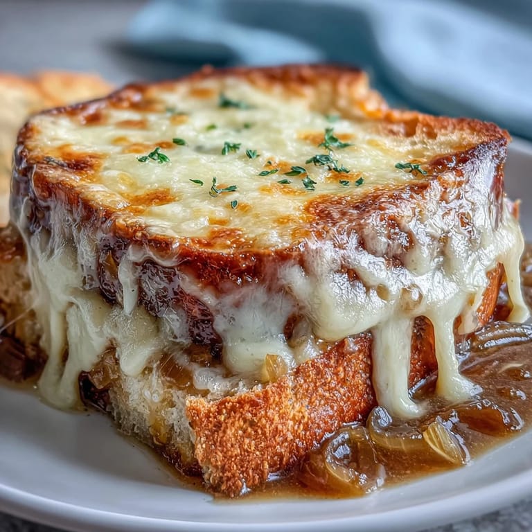 Hearty French Onion Soup, showcasing sweet caramelized onions and rich, savory broth.