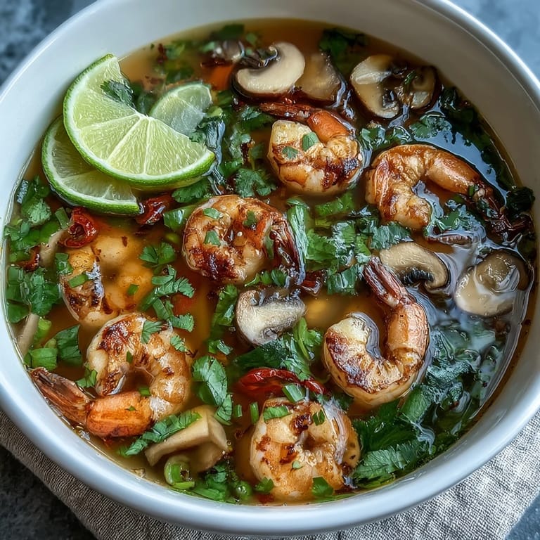 Savory Tom Yum Soup with lime and chilies, a perfect spicy starter for any dinner.